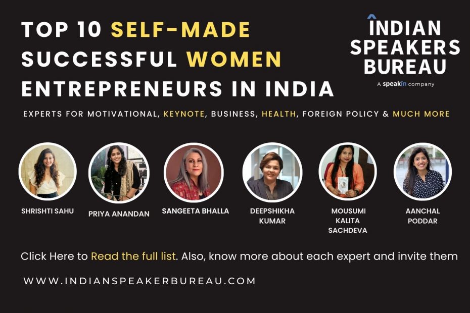 Top 10 Self-Made Successful Women Entrepreneurs in India Shrishti Sahu Priya Anandan Sangeeta Bhalla Deepshikha Kumar Mousumi Kalita Sachdeva Aanchal Poddar Uma Mansharamani Gririja Kabi Satpathy Ezhil Thamaraiselvan Hiteshi Upadhyay